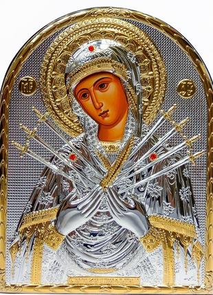 Серебряная икона семистрельная божья матерь 10,5x8,5см обрамленная в кожаную оправу1 фото