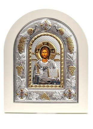 Икона спаситель иисус 22х18см в серебряном окладе на белом дереве