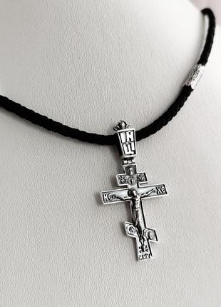 Комплект чоловічий срібний шнурок зі вставками молитва і хрестик 925 проба чорний 846/4 + кр01776 фото