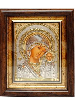 Ікона посріблена казанська божа матір 22x19см з камінням сваровськи, прямокутної форми під склом1 фото