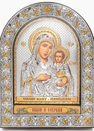 Иерусалимская икона божией матери 16,5х21,5см под стеклом арочной формы в коже