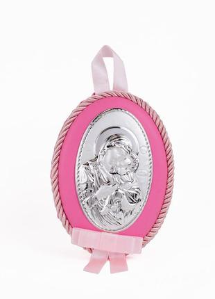 Дитяча іконка на рожевій подушечці божа матір розчулення солодке цілування 8х11см у сріблі