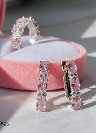 Набір срібні сережки та каблучка з рожевими фіанітами5 фото