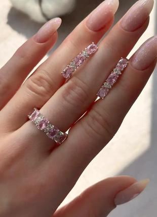 Набор серебряные серьги и кольцо с розовыми фианитами