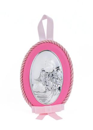 Срібна дитяча іконка ангел хранитель 8х11 см на рожевій подушечці для дівчинки