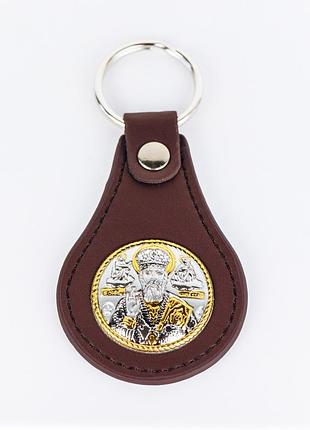 Иконка для водителя из серебра, брелок на ключи в коже с николаем 4х7,5см