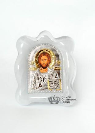 Серебряная икона спаситель христос  в блеом муранском стекле 7х9см