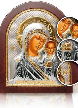 Серебряная икона казанская божья матерь 5,2х6,8см арочной формы на дереве2 фото