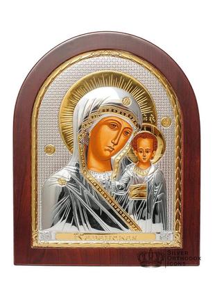 Серебряная икона казанская божья матерь 5,2х6,8см арочной формы на дереве1 фото