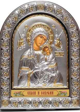 Серебряная икона страсная (неустанной помощи) божья матерь 21х26см в арочном киоте под стеклом