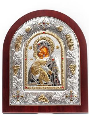 Икона владимирская богородицы 29х24см в серебряном окладе с позолотой на деревяном кионе
