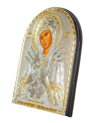 Серебряная икона семистрельная божья матерь 16,5x21,5см обрамленная в кожаную оправу6 фото