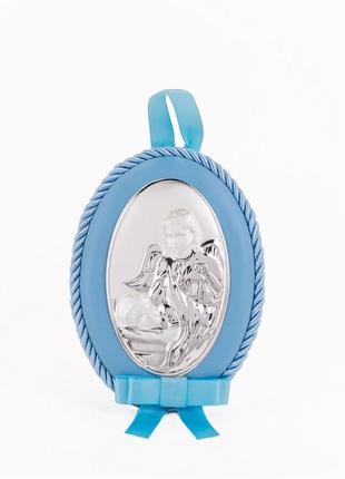 Срібна дитяча іконка ангел хранитель 8х11 см на синій подушечці для хлопчика1 фото