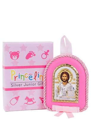 Детская иконка на розовой подушечке спаситель иисус  8х10см в серебре1 фото