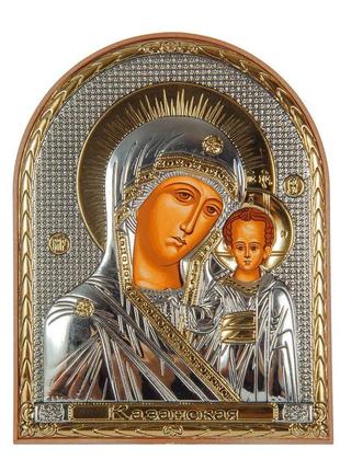 Серебряная икона казанская божья матерь 5,8х7,5см арочной формы в пластиковом киоте