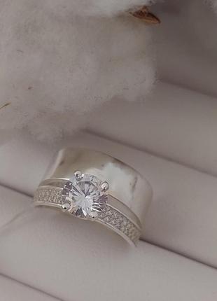 Серебряное кольцо двойное под обручальное кольцо с большим цирконом7 фото