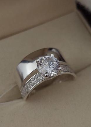 Серебряное кольцо двойное под обручальное кольцо с большим цирконом6 фото