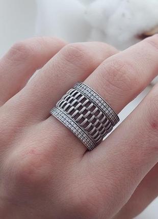 Перстень серебряный женский с фианитами широкий2 фото