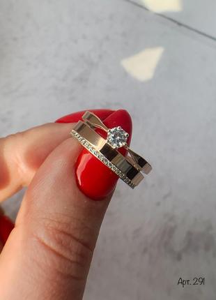 Серебряное кольцо двойное с золотыми напайками и фианитами8 фото