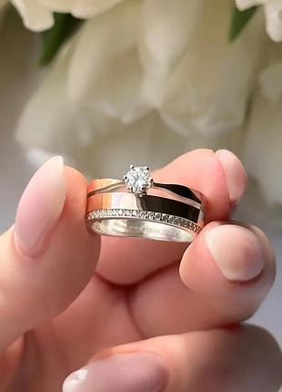 Срібна каблучка подвійна із золотими напайками та фіанітами