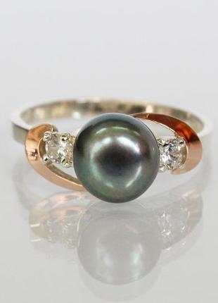 Серебряное кольцо с жемчугом и золотыми накладками3 фото