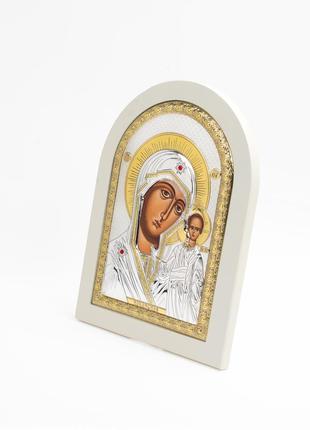 Казанська ікона божої матері 20x25см аркової форми на білому дереві2 фото