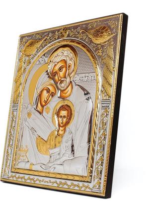 Икона святое семейство 27,5х31,2см в серебряном окладе с позолотой квадратной формы на дереве3 фото