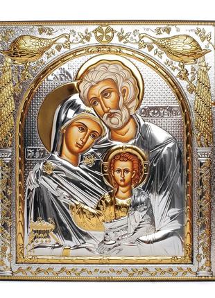 Ікона святе сімейство 27,5х31,2см в срібному окладі з позолотою квадратна на дереві1 фото