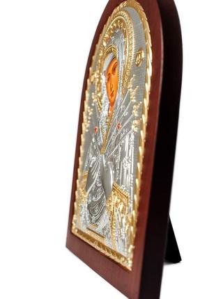 Серебряная икона семистрельная божья матерь 8,1х9,7см арочной формы на дереве