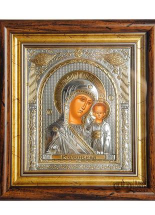 Серебряная икона казанская божья матерь 30,5х28,5см в прямоугольном киоте под стеклом1 фото