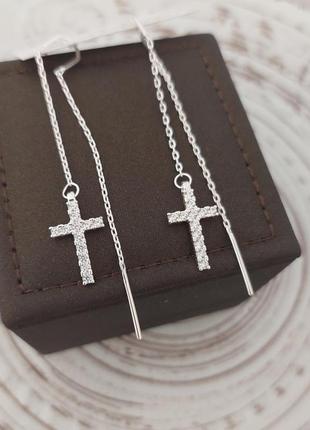 Сережки протяжки срібні з хрестиками та фіанітами3 фото