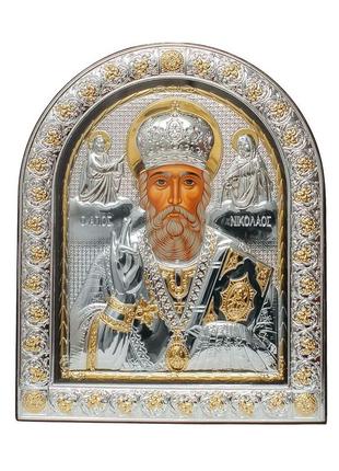 Святий миколай 21х26 см, срібна ікона під склом обтягнута темною шкірою (греція)