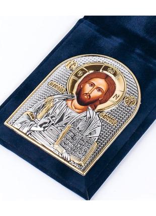 Карманный складень-икона иисуса 3,8x5,3см серебряная в бархатной книжечке