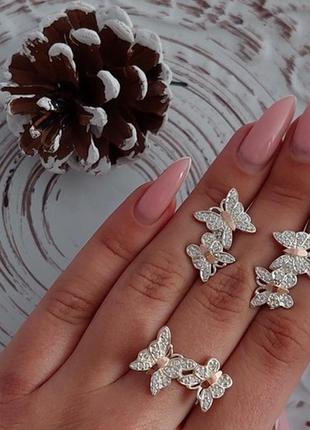 Комплект срібний метелики з золотом та фіанітами8 фото