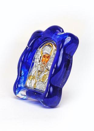 Ікона миколая чудотворця в муранському склі синього кольору 7х9 см3 фото