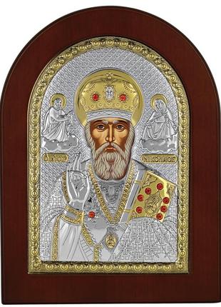Серебряная икона святой николай 15х19см арочной формы в деревяной рамке