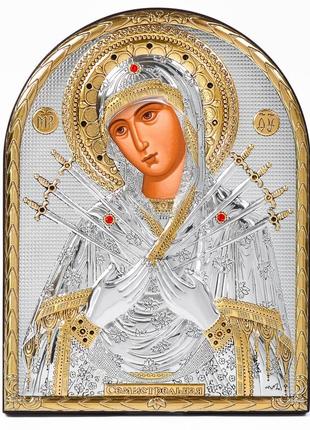 Семистрельная икона божией матери 12х15,2см арочной формы без рамки на дереве1 фото