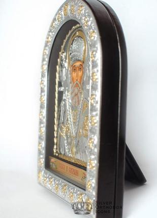 Святий миколай 16,5х21,5 см, срібна ікона під склом, обгорнута темною шкірою (греція)4 фото
