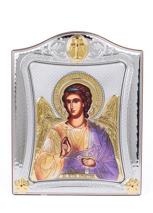 Икона ангела хранителя 15,5x19,5см с разноцветной эмалью в серебряной рамке с позолотой
