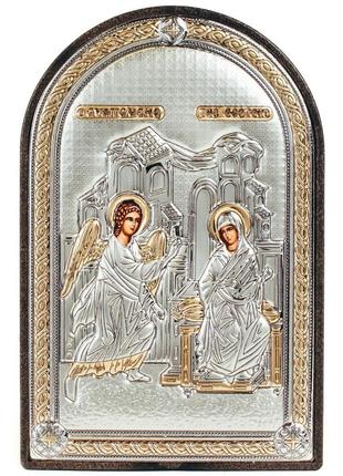 Серебряная икона благовещения божией матери 10х14см арочной формы на пластиковой основе