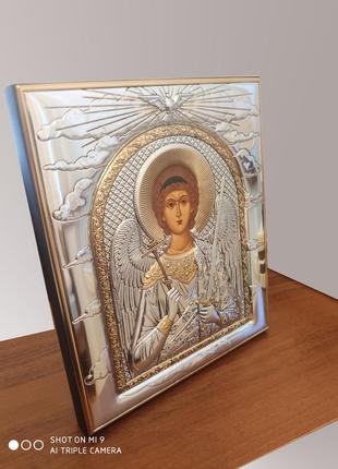 Серебряная икона ангела хранителя 16х19см прямоугольной формы без рамки6 фото
