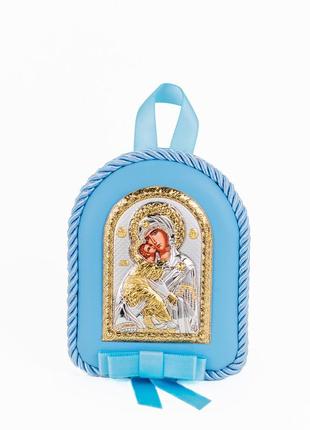 Серебряная детская иконка владимирская божья матерь 8х10см на синей подушечке1 фото