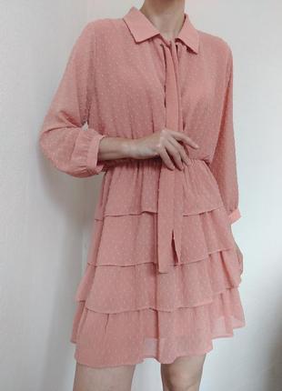Пудровое платье-платье с воланами рюшами пудровое платье короткое платье мини платья zara платье пудра шифоновое платье платье розовое платье рубашка5 фото