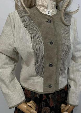 Вінтажний лляний жакет піджак з вставкою зі шкіри в етно стилі