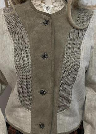 Винтажный льняной жакет пиджак с вставкой из кожи в этно стиле6 фото