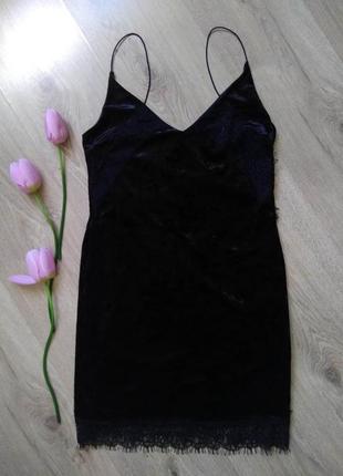 Короткое черное бархатное платье topshop в бельевом стиле/облегающее платье с кружевом на бретельках5 фото