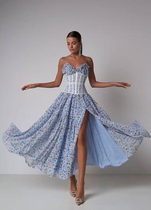 Платье платье длинное миди пышное прямое рюшка на бретелях корсет прозрачный косточки цветочный принт легкое софт