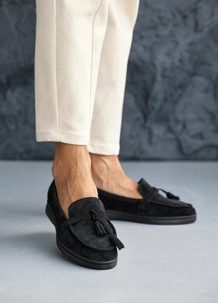 Стильные черные женские лоферы весенне-осенние, мокасины замшевые, весна/осень, замша-женс...