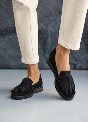 Стильные черные женские лоферы весенне-осенние, мокасины замшевые, весна/осень, замша-женс...