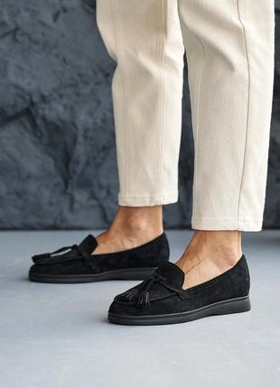 Стильные черные женские лоферы весенне-осенние, мокасины замшевые, весна/осень, замша-женс...